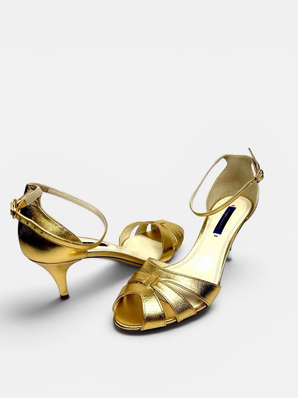 Ralph Lauren Purple Label Gold Ankle Strap Low Stiletto Heel Sandals 38B US 7,5